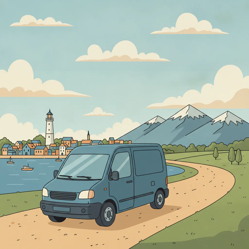 Comic-Illustration: kleiner stahlblauer Transporter fährt von der Kieler Förde aus die lange Strecke Richtung Schweizer Alpenpanorama – Beiladung in die Schweiz ab Kiel