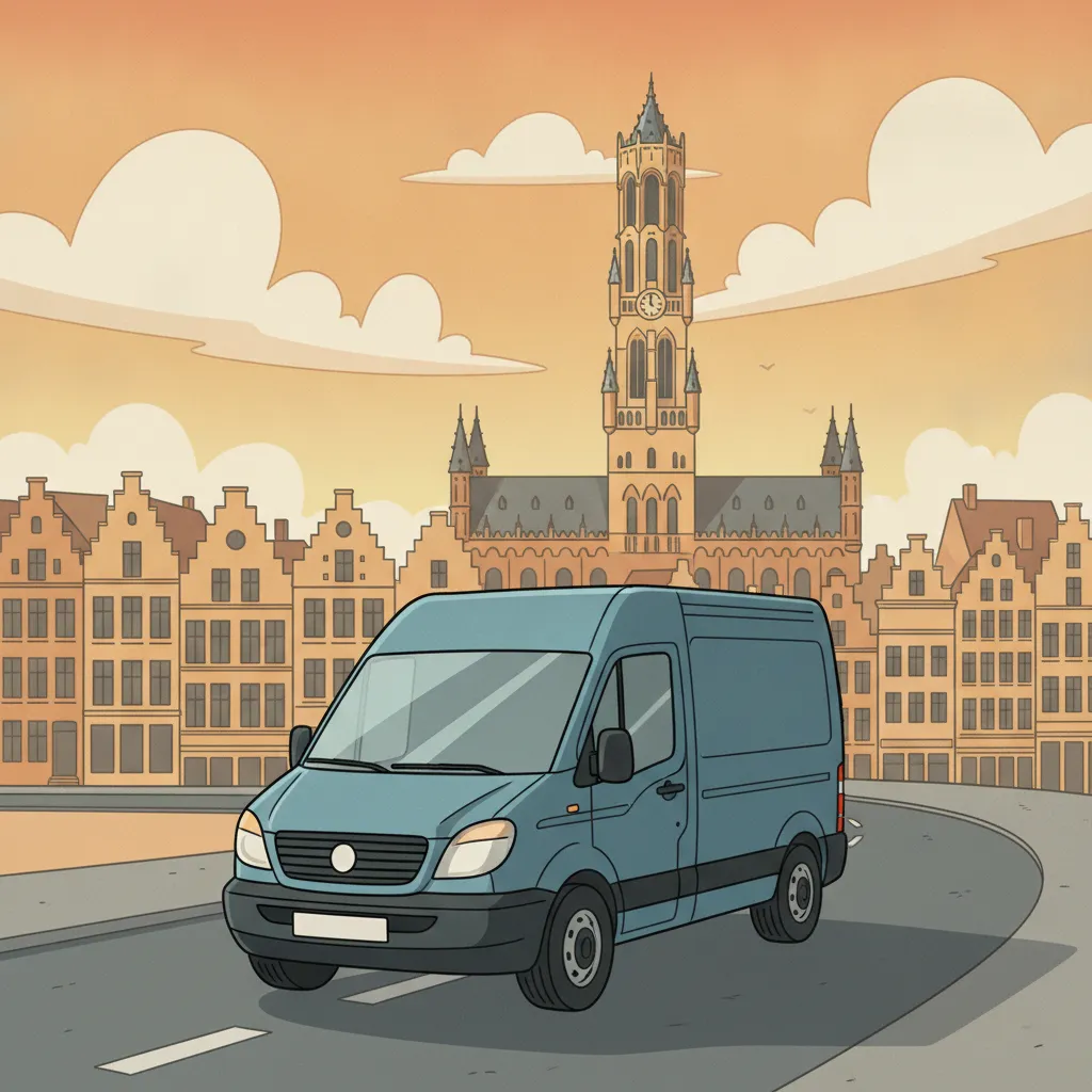 Comic-Illustration: kleiner Transporter fährt vor belgischer Stadtkulisse mit Stufengiebeln und Grand-Place-Häusern - Beiladung von Kiel nach Belgien