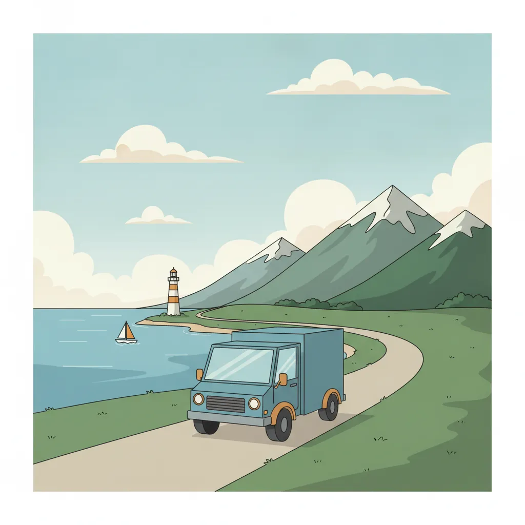 Comic-Illustration: kleiner Transporter fährt von der Kieler Foerde mit Leuchtturm Richtung oesterreichischem Alpenpanorama - Beiladung nach Österreich von Kiel