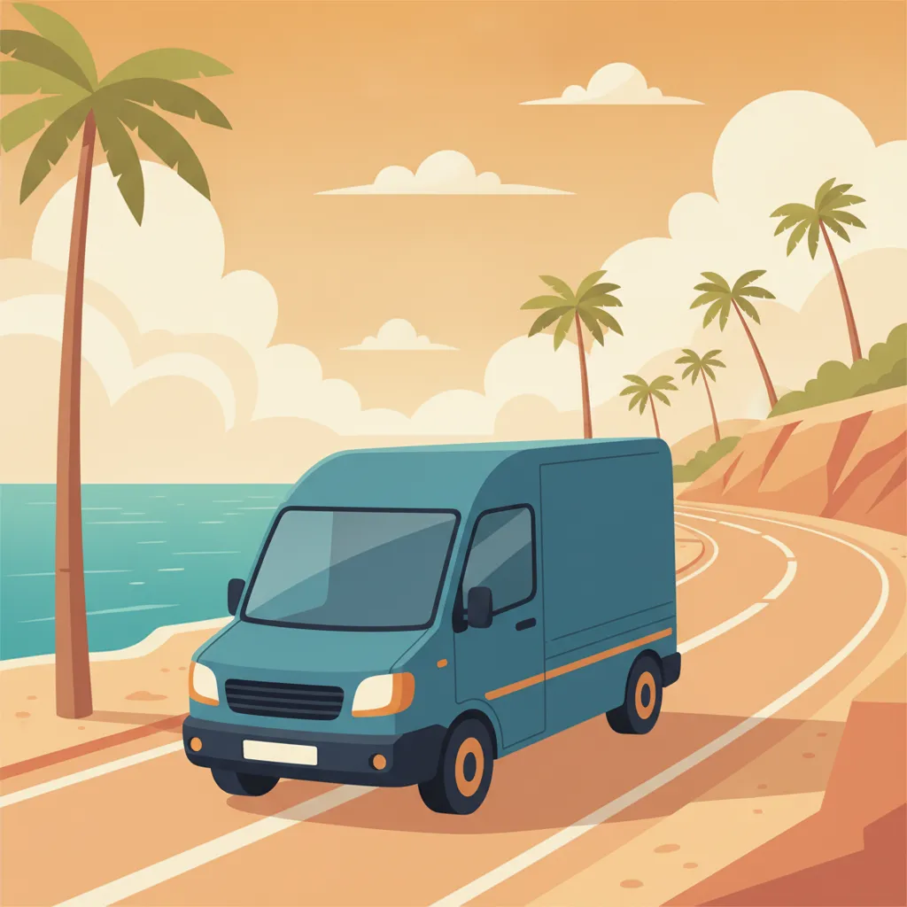 Comic-Illustration: kleiner Transporter fährt vor spanischer Mittelmeerküste mit Palmen – Beiladung nach Spanien ab Kiel