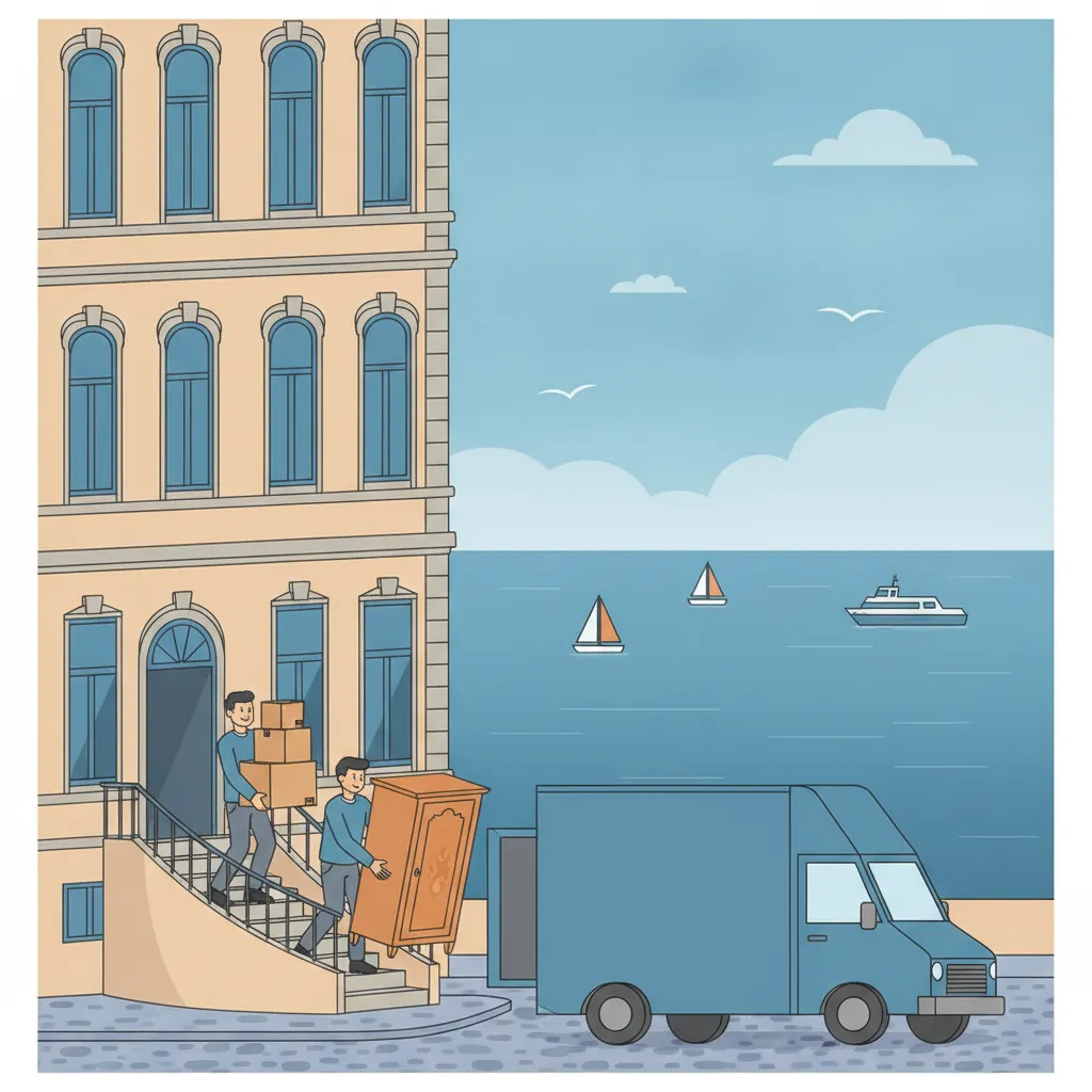 Comic-Illustration: zwei Helfer tragen Kartons und alte Möbel aus einem Gründerzeit-Altbau ohne Aufzug zum offenen Transporter, im Hintergrund die Kieler Förde mit Segelbooten und Fördedampfer – Entrümpelung in Kiel