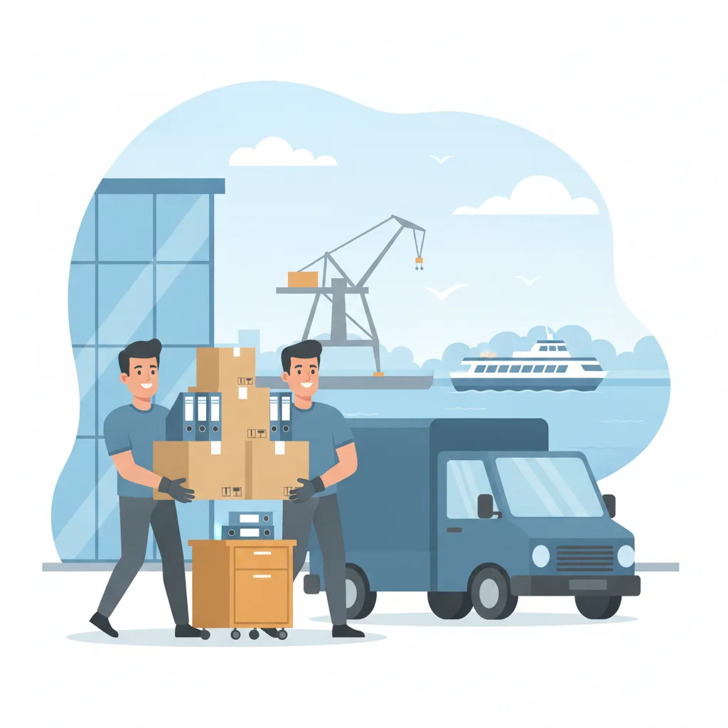 Comic-Illustration: zwei Träger verladen verpackte Bürokartons, Aktenordner und einen Schreibtischcontainer in einen geschlossenen Kastenwagen vor einem Kieler Bürohaus, im Hintergrund die Kieler Förde mit Kran und Fähre – Firmenumzug in Kiel