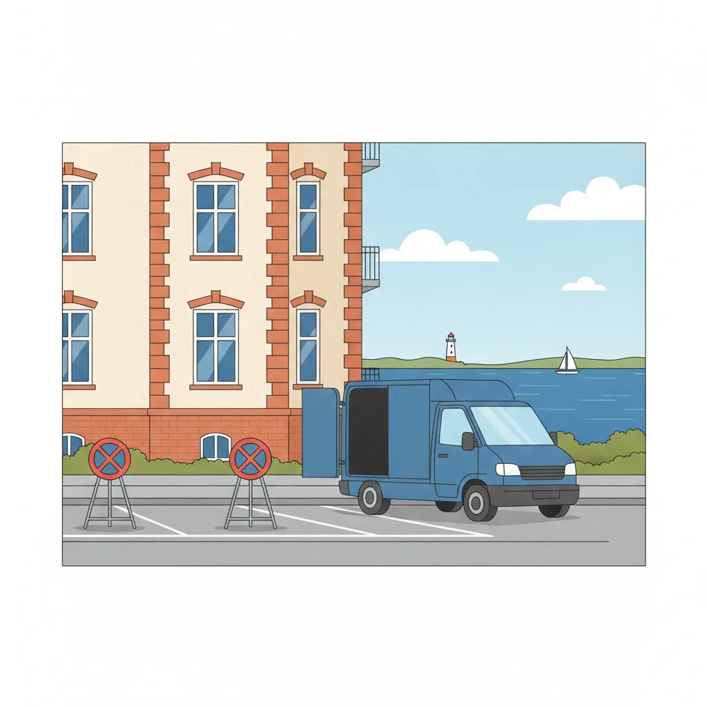 Comic-Illustration: zwei mobile Halteverbotsschilder mit freier Parklück vor einem Kieler Altbau nahe der Foerde, im Hintergrund Wasser und ein Leuchtturm, ein Transporter fährt heran - mobiles Halteverbot für den Umzug in Kiel