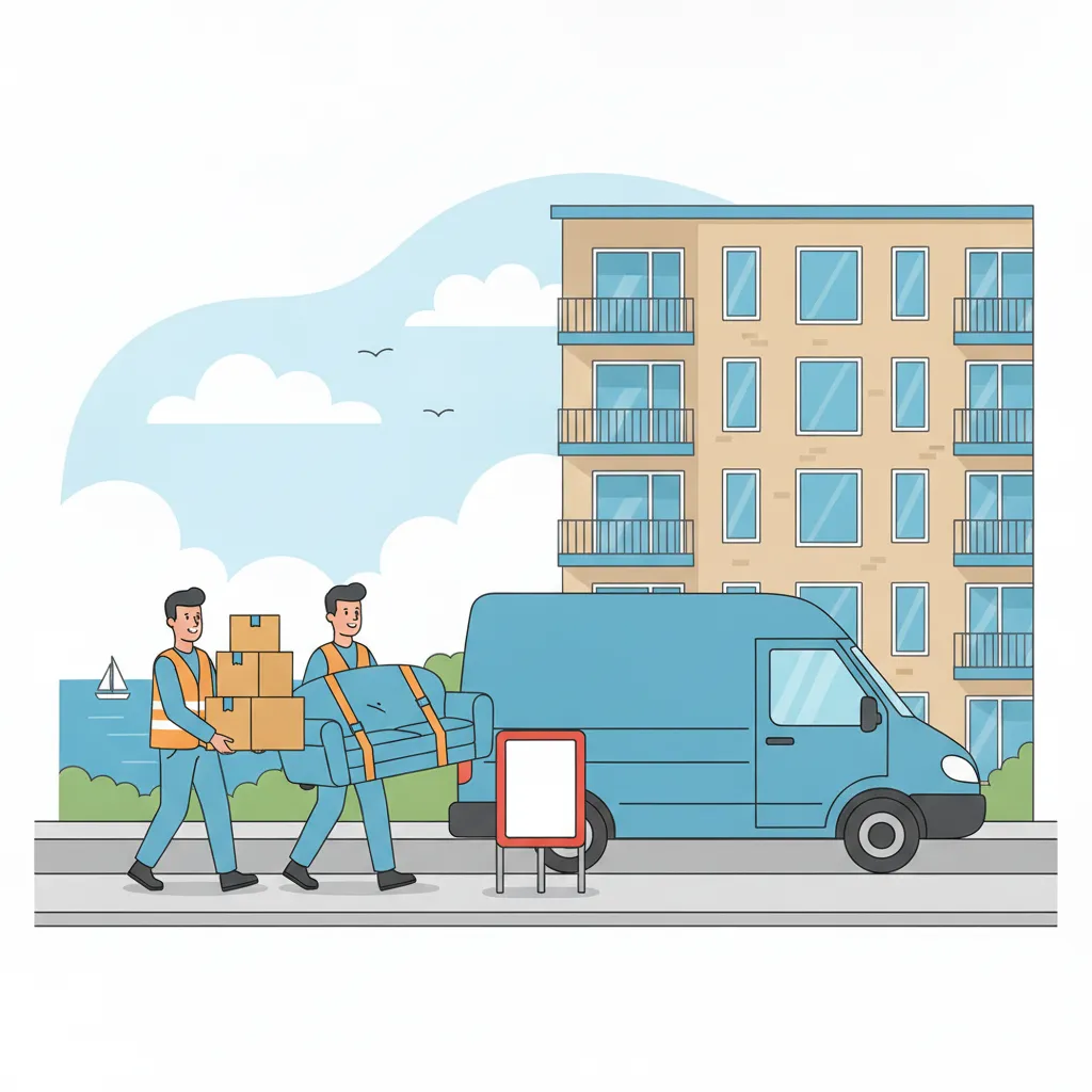 Comic-Illustration: zwei Träger verladen gepolsterte Umzugskartons und ein Sofa in einen geschlossenen Kastenwagen vor einem Kieler Mehrfamilienhaus, im Vordergrund ein eingerichtetes mobiles Halteverbotsschild, im Hintergrund die Förde mit Segelbooten – Jobcenter-Umzug in Kiel