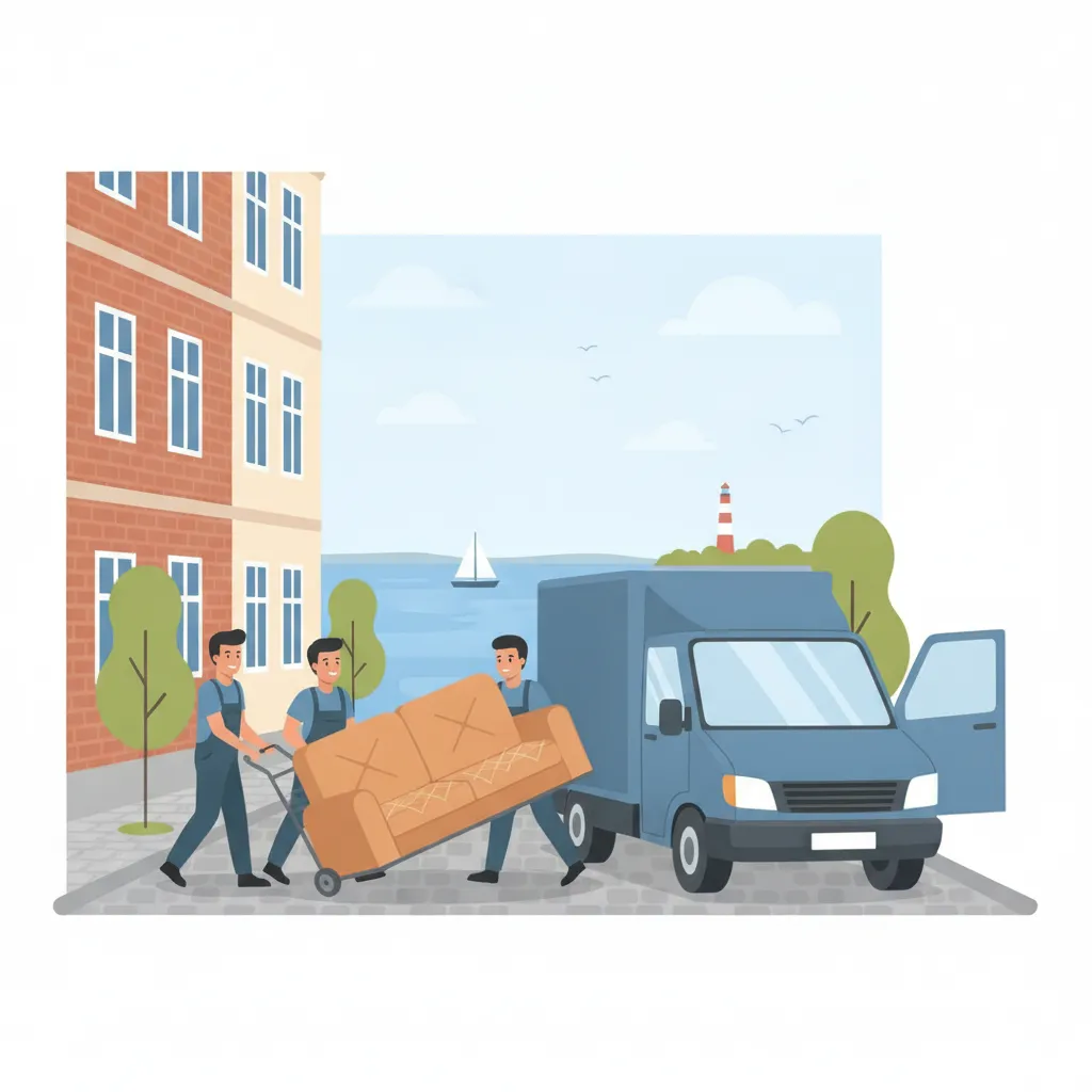 Comic-Illustration: zwei Träger schieben ein in Decken gepacktes Sofa auf einer Sackkarre zum Kastenwagen vor einem Kieler Backstein-Altbau, im Hintergrund die Kieler Foerde mit Segelboot und Leuchtturm - Kleintransport in Kiel
