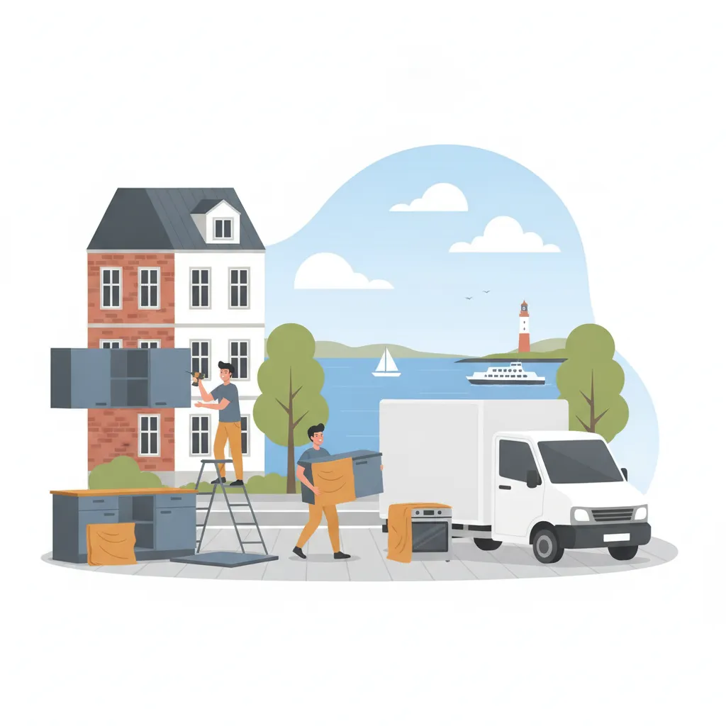 Comic-Illustration: zwei Monteure bauen eine Einbauküche mit Akkuschrauber ab und tragen einen in Decken gepackten Hängeschrank zum Transporter vor einem Kieler Backstein-Altbau, im Hintergrund die Kieler Förde mit Segelboot - Küchenumzug in Kiel