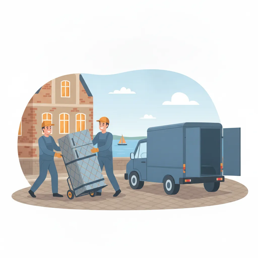 Comic-Illustration: zwei Träger bewegen einen stehend gesicherten Kühlschrank auf einer Sackkarre zum Transporter vor einem Kieler Altbau in der Altstadt, im Hintergrund die Kieler Förde mit Segelboot – Kühlschrank Transport in Kiel