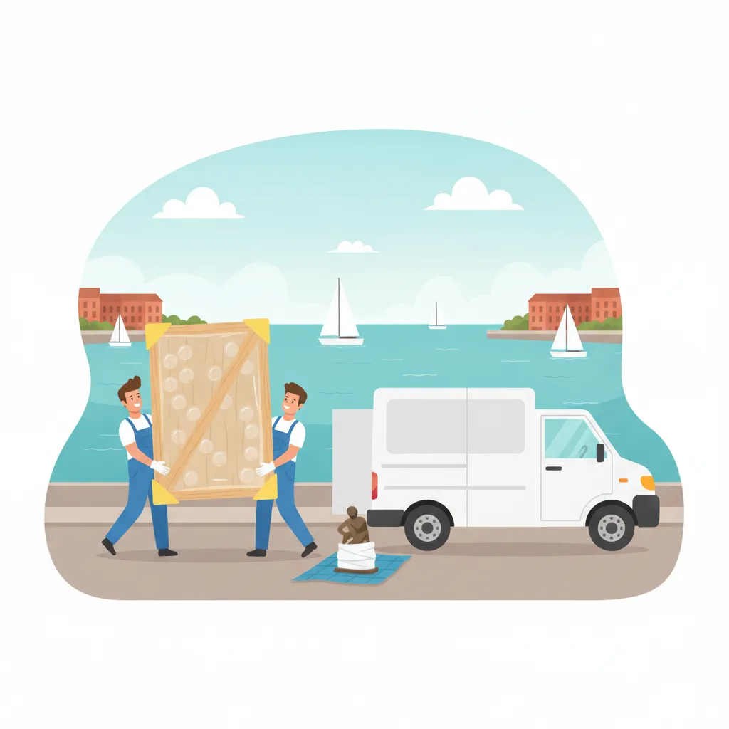 Comic-Illustration: zwei Träger tragen ein in Luftpolster und Holzkiste verpacktes gerahmtes Gemälde zu einem Transporter an der Kieler Förde mit Wasser und Segelbooten – Kunsttransport in Kiel