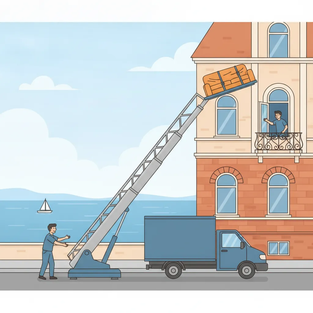 Comic-Illustration: ein schräg aufgestellter Möbellift hebt eine gepolsterte Couch an der Fassade eines Kieler Gründerzeit-Altbaus am Schreventeich hinauf zu einem geöffneten Fenster im oberen Stockwerk, im Hintergrund die Kieler Förde mit Segelboot – Möbellift mieten in Kiel