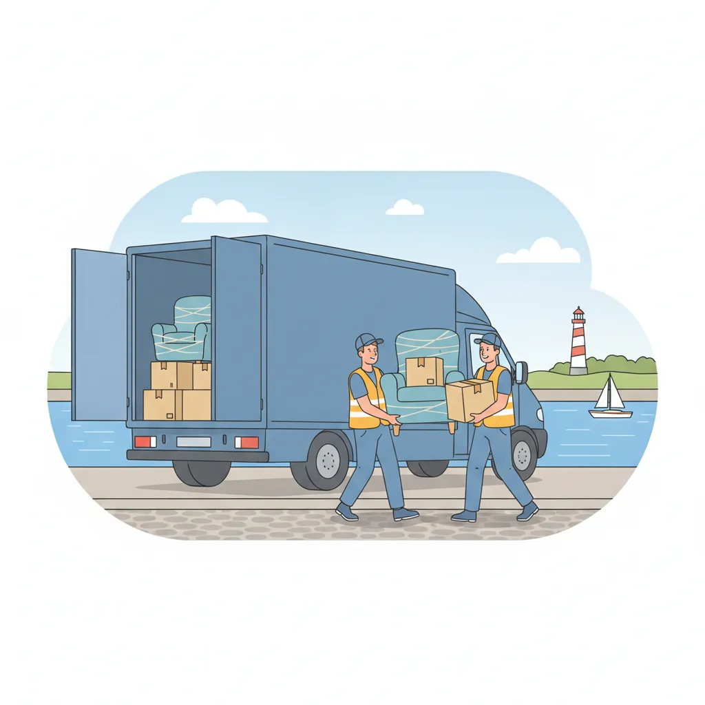 Comic-Illustration: Träger laden gepolsterte Möbel als Beiladung in einen großen Transporter, der schon halb mit fremdem Umzugsgut beladen ist, vor der Kieler Förde mit Wasser, Segelbooten und einem Leuchtturm im Hintergrund - Möbelmitfahrzentrale in Kiel