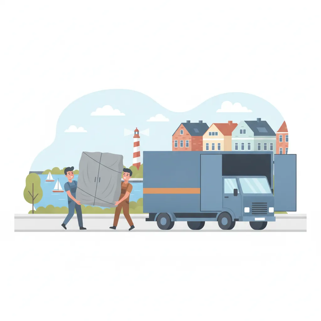 Comic-Illustration: zwei Träger einer Möbelspedition laden einen gepolsterten Schrank in einen großen Möbelkoffer-Lkw an einer Kieler Förde-Straße, im Hintergrund Wasser, Segelboote und ein Leuchtturm - Möbelspedition in Kiel