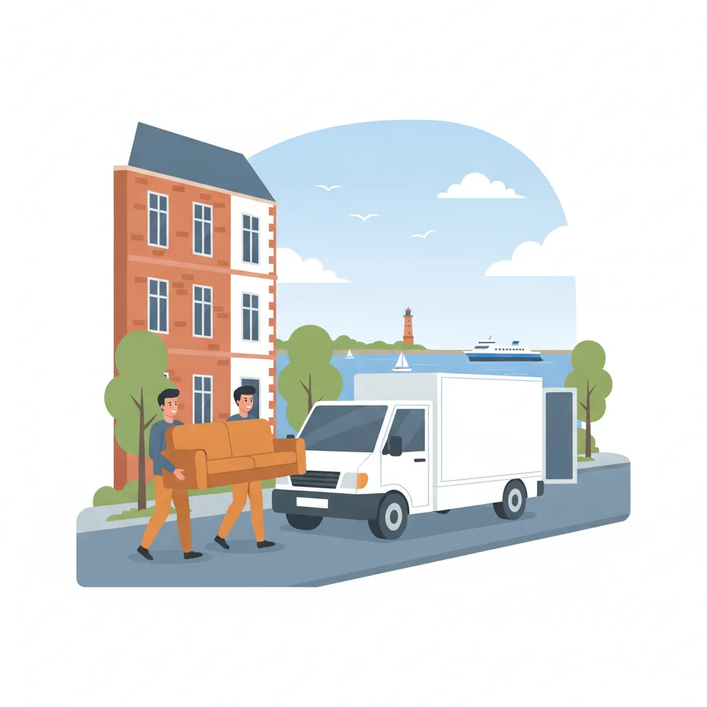 Comic-Illustration: zwei Träger laden ein gepolstertes Sofa in einen kompakten Transporter vor einem Kieler Backstein-Altbau, im Hintergrund die Kieler Foerde mit Segelboot - Möbeltaxi in Kiel