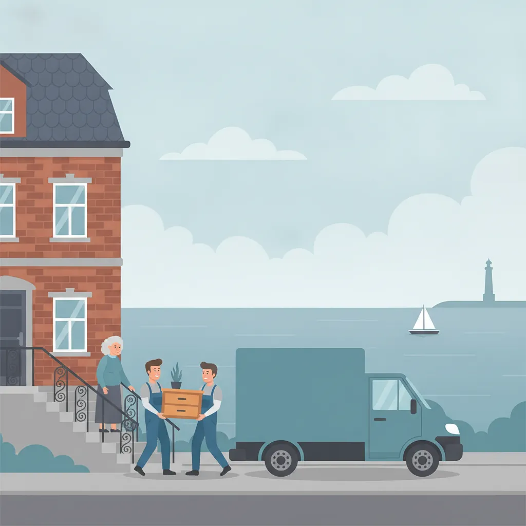 Comic-Illustration: zwei einfuehlsame Umzugshelfer tragen behutsam Möbel aus einem Kieler Altbau, eine aeltere Dame schaut ruhig zu, im Hintergrund die Kieler Foerde mit Segelboot – Seniorenumzug in Kiel