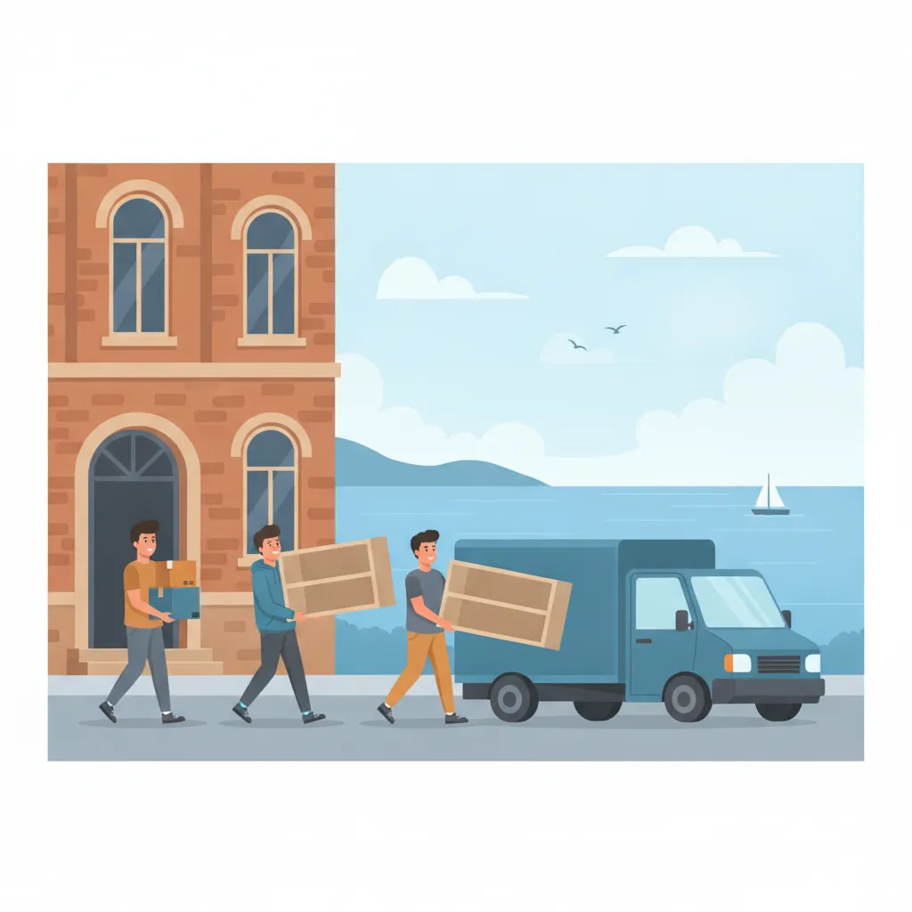 Comic-Illustration: drei junge Umzugshelfer tragen Umzugskartons und ein Bücherregal aus einem Kieler Gründerzeit-Altbau zu einem Transporter, im Hintergrund die Kieler Förde mit Wasser, Segelboot und Möwen – studentische Umzugshelfer in Kiel