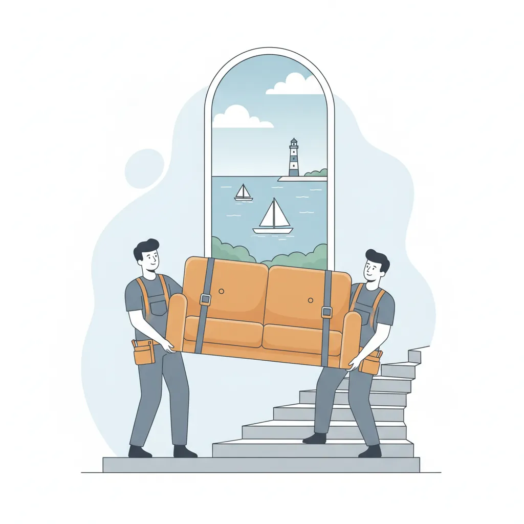 Comic-Illustration: zwei Helfer in Arbeitskleidung tragen mit Tragegurten gemeinsam ein Sofa die enge Treppe eines Kieler Altbaus hinab, im Hintergrund die Förde mit Segelbooten und Leuchtturm – Tragehilfe in Kiel, ohne Fahrzeug