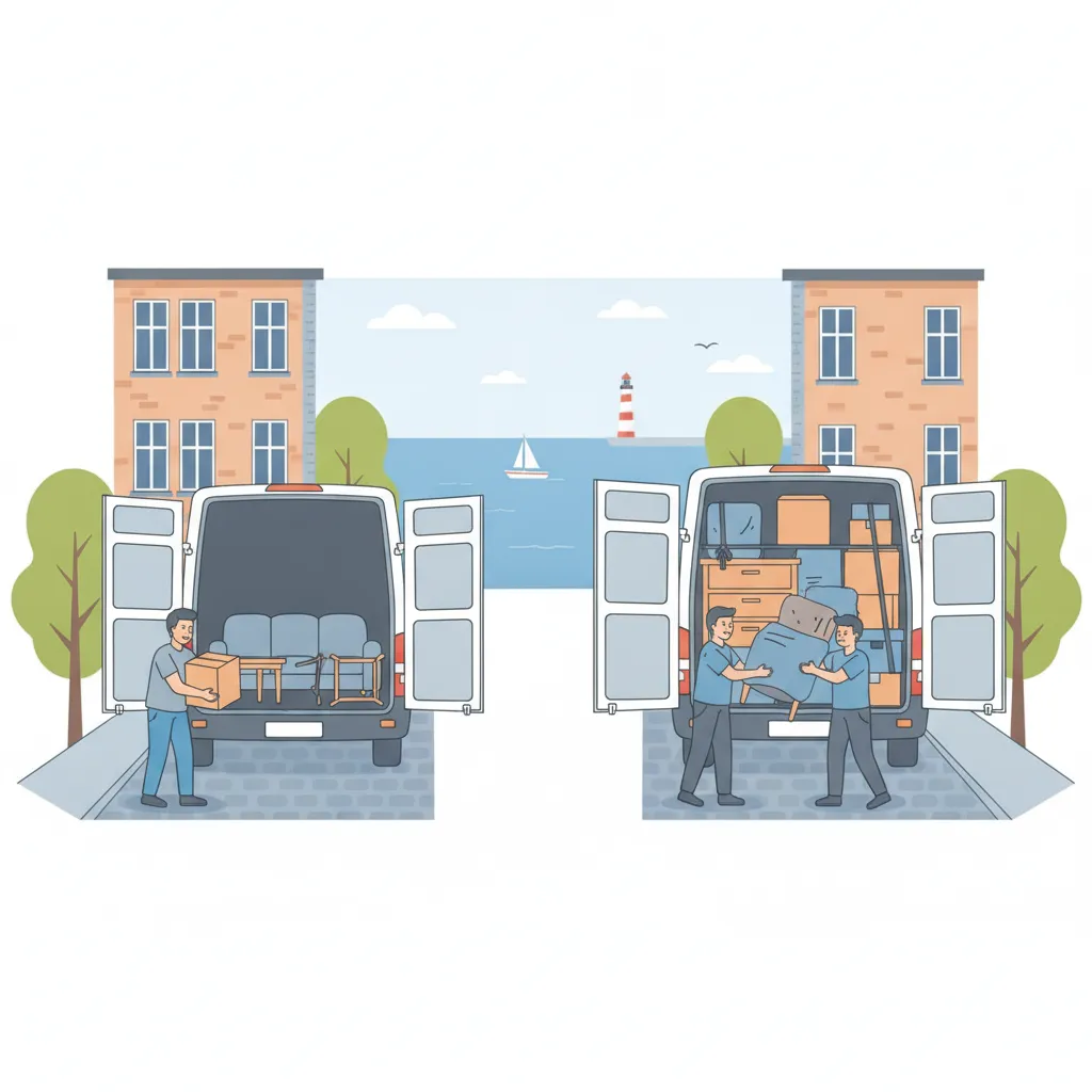 Comic-Illustration: links ein gemieteter Kastenwagen, den eine Person allein belädt, rechts ein gut gefüllter Transporter mit Fahrer und Träger - davor die Kieler Förde mit Segelboot und Backstein-Altbau, Transporter mieten oder Transport mit Fahrer in Kiel