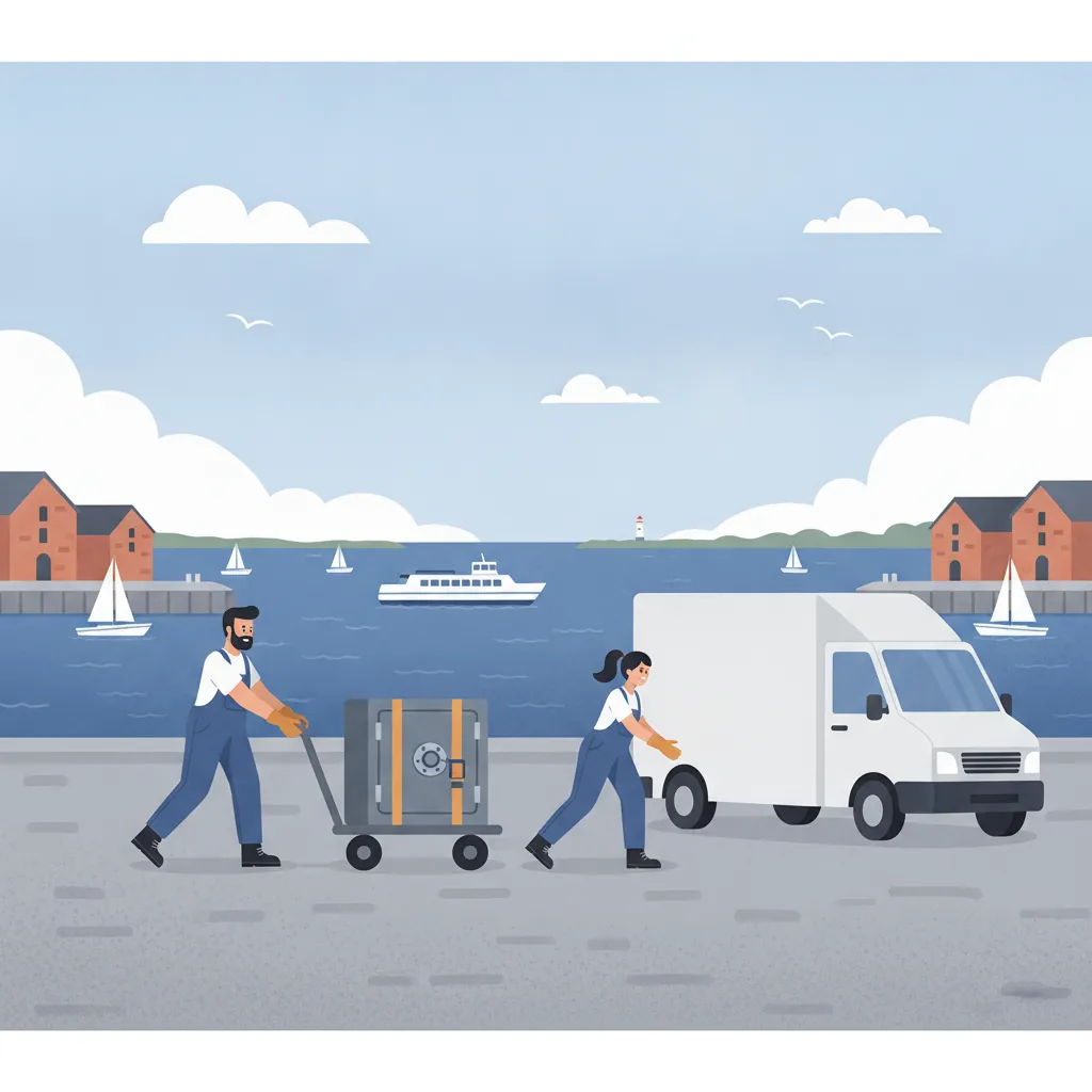 Comic-Illustration: zwei Träger bewegen einen schweren Tresor auf einem Schwerlast-Rollwagen zum Transporter an der Kieler Förde mit Segelbooten und Fähre – Tresortransport in Kiel