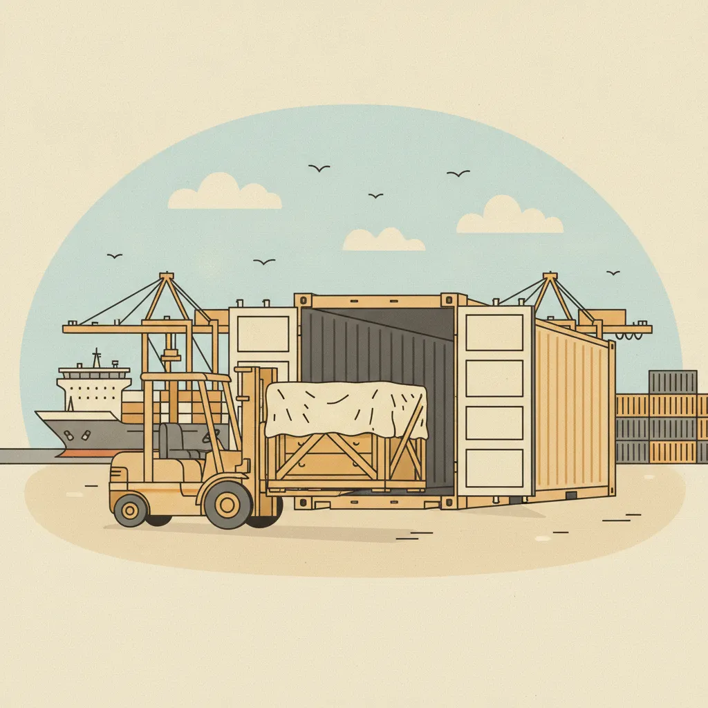 Comic-Illustration: ein verplombter Seefracht-Container wird im Hafen mit Hausrat in seetauglichen Holzkisten beladen, dahinter ein Containerschiff am Kai und Kräne unter blauem Himmel – Überseeumzug per Seefracht ab der Förde