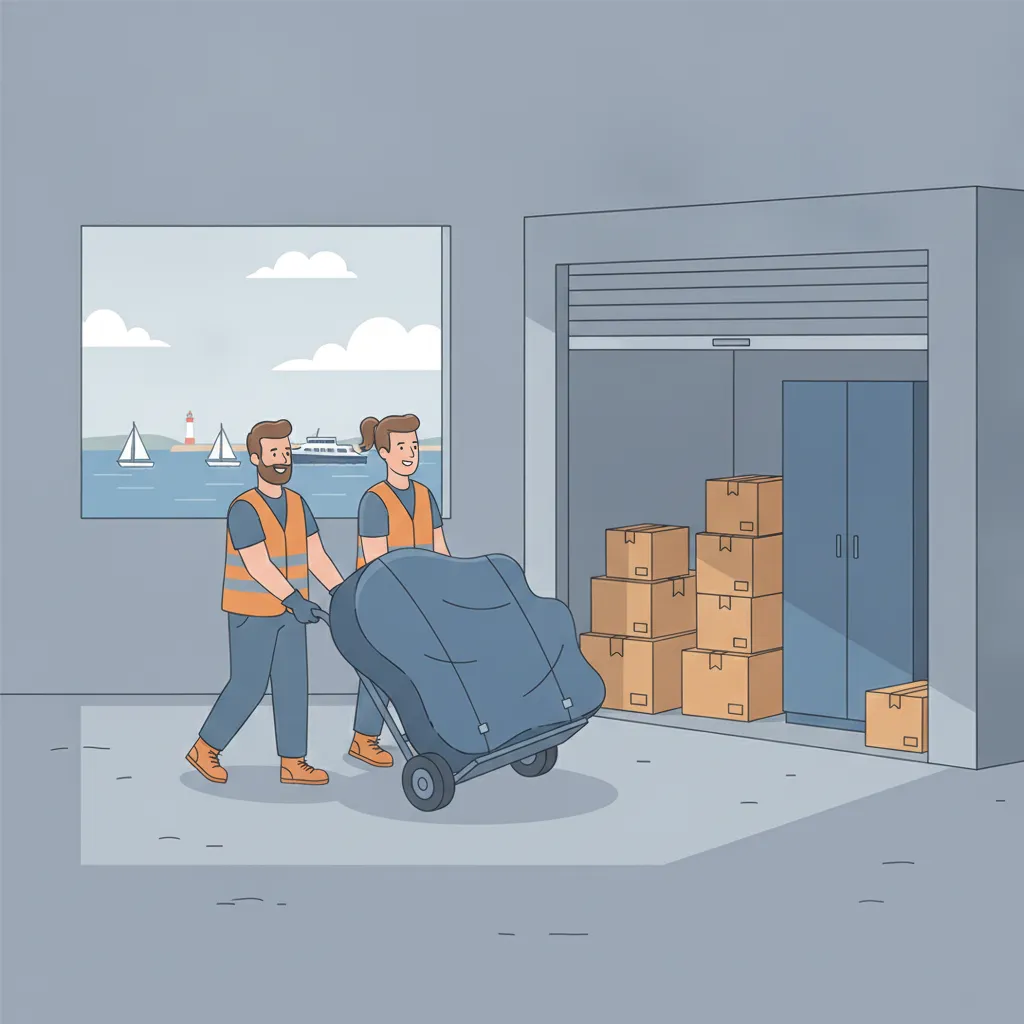 Comic-Illustration: zwei Träger schieben in Decken gepackte Möbel auf einer Sackkarre in eine helle, trockene Lagerbox in einem Kieler Gewerbegebiet, im Hintergrund die Kieler Foerde mit Segelbooten und einer Fähre - Umzug mit Lagerung in Kiel