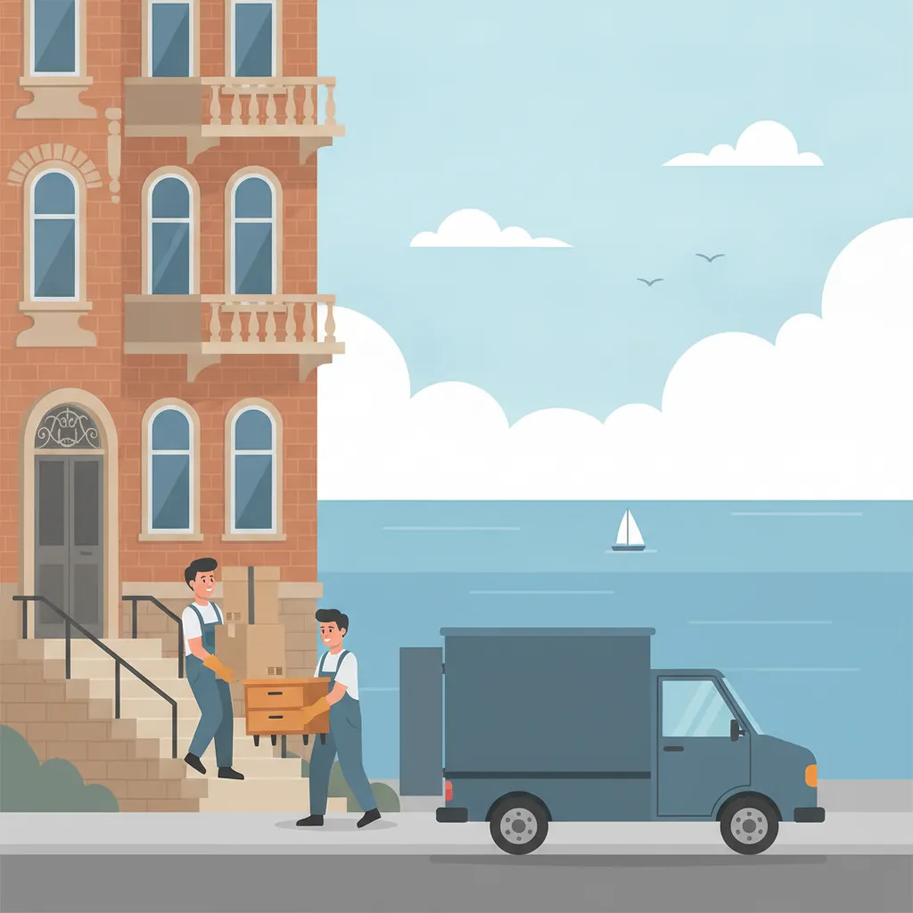 Comic-Illustration: zwei Umzugshelfer in Arbeitskleidung tragen gemeinsam einen Karton und eine Kommode aus einem Kieler Gründerzeit-Altbau die Treppe hinab zum Transporter, im Hintergrund die Kieler Förde mit Wasser und Möwen – Umzugshelfer in Kiel
