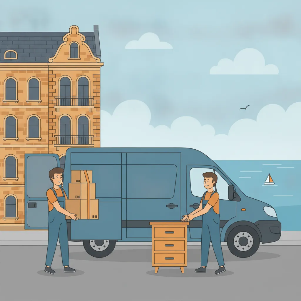 Comic-Illustration: zwei Umzugshelfer in Arbeitskleidung beladen einen mittelgroßen geschlossenen Kastenwagen mit Karton und Kommode vor einem Kieler Gründerzeit-Altbau, im Hintergrund die Kieler Förde mit Wasser und Möwen – Umzugshelfer mit Transporter in Kiel