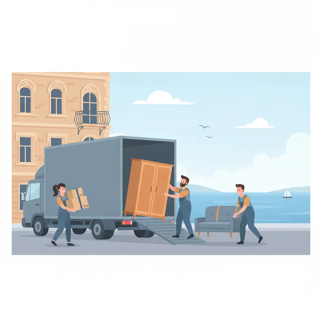 Comic-Illustration: ein Umzugsteam trägt Kartons und einen Schrank aus einem Kieler Gründerzeit-Altbau in einen großen Umzugs-Lkw mit hohem Koffer-Aufbau, im Hintergrund die Kieler Förde mit Wasser, Segelboot und Möwen – Umzugshilfe in Kiel mit Lkw
