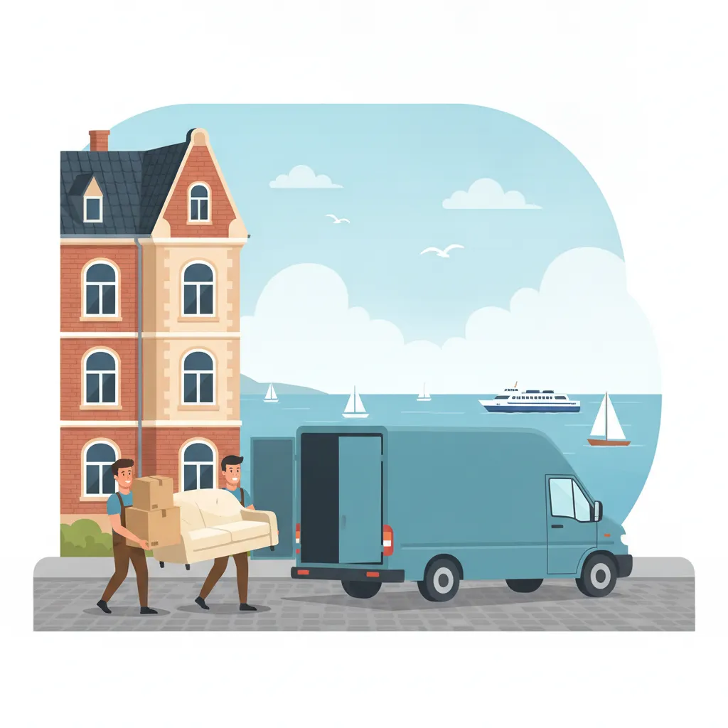 Comic-Illustration: zwei Träger verladen gepolsterte Umzugskartons und ein Sofa in einen geschlossenen Kastenwagen vor einem Kieler Gründerzeit-Altbau, im Hintergrund die Förde mit Segelbooten und einer Fähre – Umzugsunternehmen in Kiel