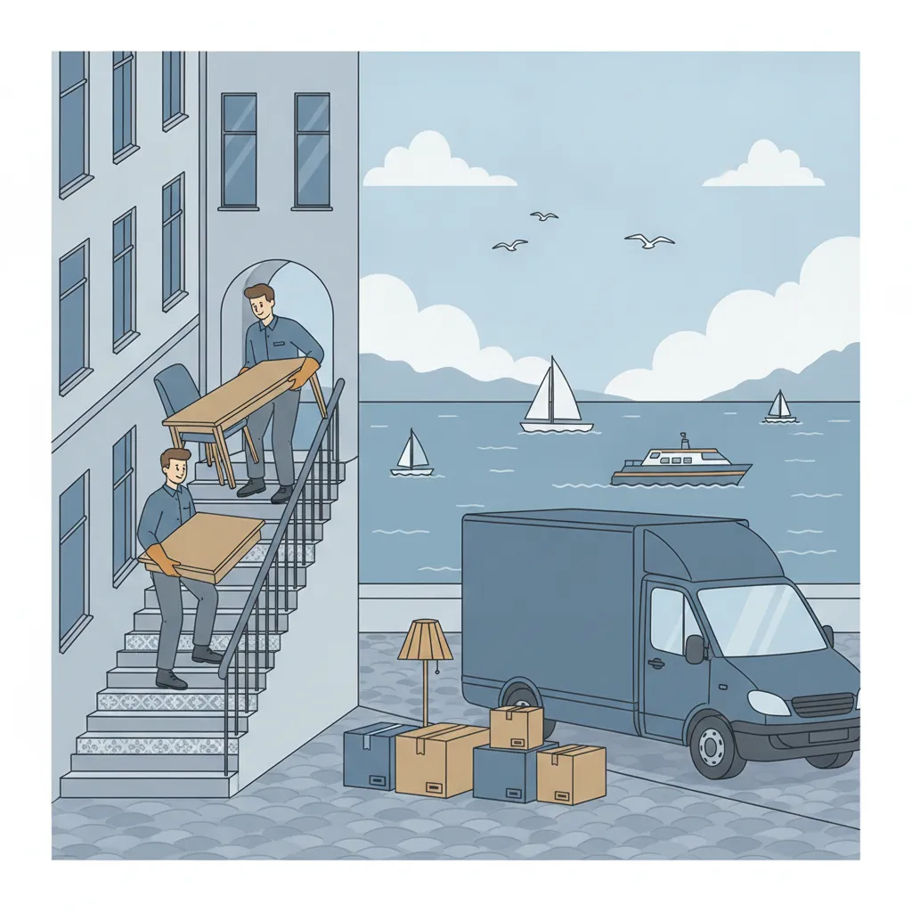 Comic-Illustration: zwei Helfer tragen einen Esstisch und gepolsterte Stühle aus einem Gründerzeit-Altbau ohne Aufzug zum Transporter, daneben sortierte Kartons mit Hausrat, im Hintergrund die Kieler Förde mit Segelbooten – Wohnungsauflösung in Kiel