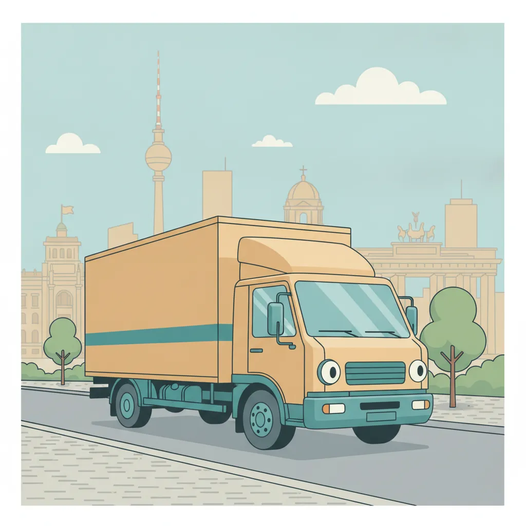 Comic-Illustration: geschlossener Umzugstransporter erreicht Berlin – Beiladung von Kiel nach Berlin