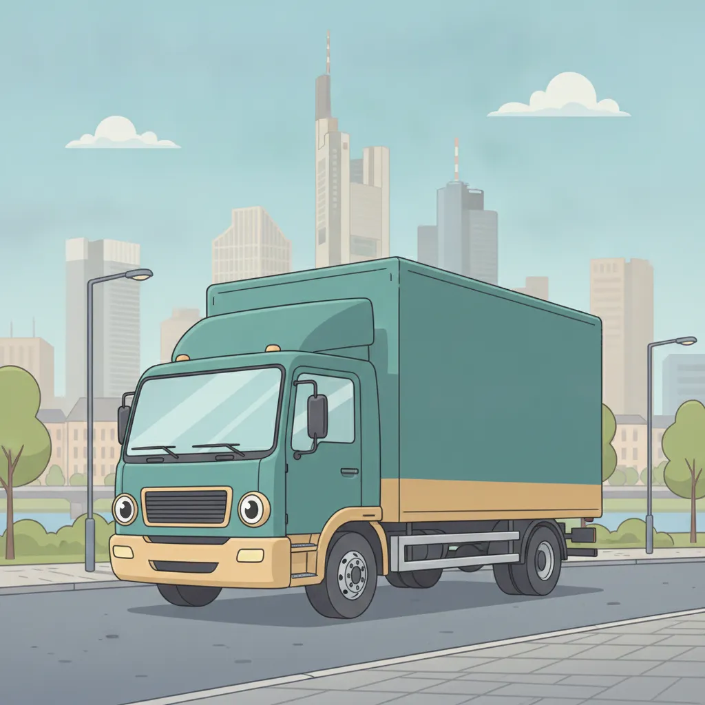 Comic-Illustration: geschlossener Umzugstransporter erreicht Frankfurt – Beiladung von Kiel nach Frankfurt
