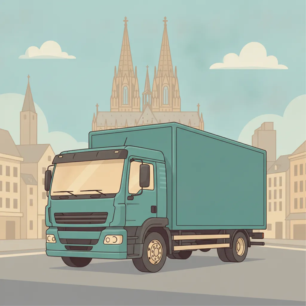 Comic-Illustration: geschlossener Umzugstransporter erreicht Köln – Beiladung von Kiel nach Köln