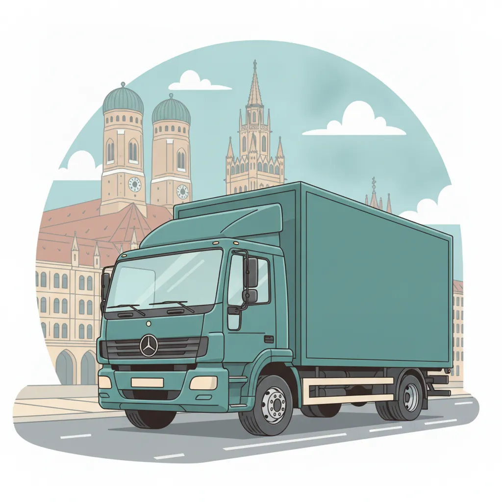 Comic-Illustration: geschlossener Umzugstransporter erreicht München – Beiladung von Kiel nach München